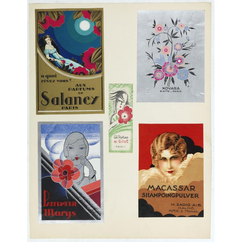 Five Art déco labels for Salancy, Novara, Parfumerie Marijs, M.Zadig, Paris.